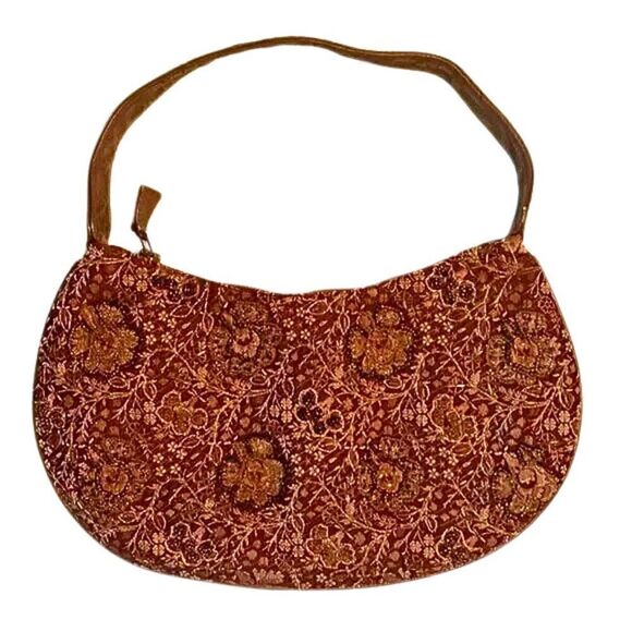 Express Handbags - 90s Y2K Vintage Brown Bohemian Embroidered Crescent Floral Handbag